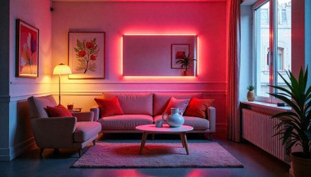 Modern living room with neon lights and soft color paletteの写真素材
