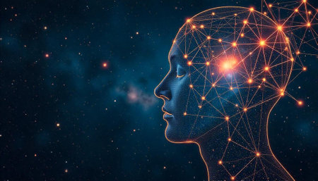 Artificial intelligence head with neural network in outer space