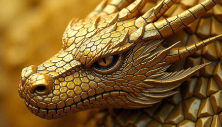 Golden dragon head close up with intricate scale detailの写真素材