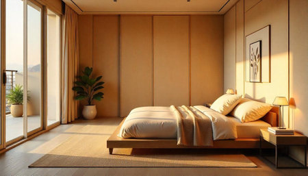 Sunlit modern bedroom with minimalist design and natural lightの写真素材