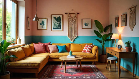 Cozy living room interior with bohemian decor and warm colorsの写真素材