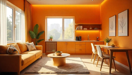 Bright orange living room interior with modern furniture arrangementの写真素材