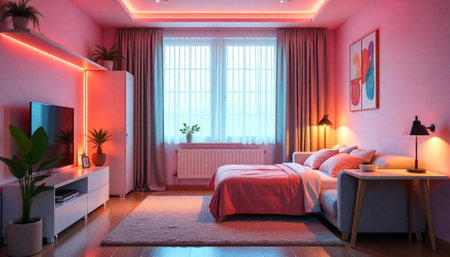Modern bedroom interior with pink lighting and minimalist design