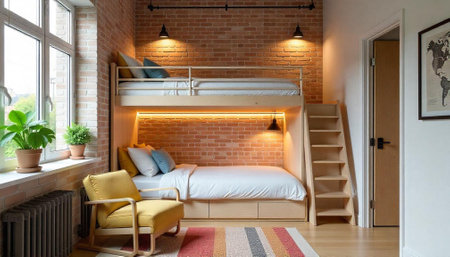 Modern loft apartment bedroom with bunk bed and brick wall