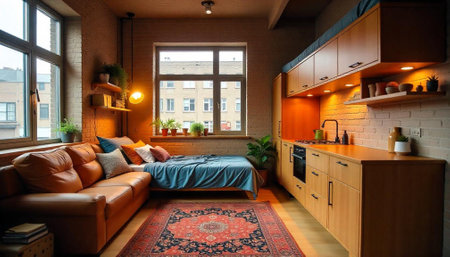 Cozy studio apartment with integrated living and kitchen spaceの写真素材
