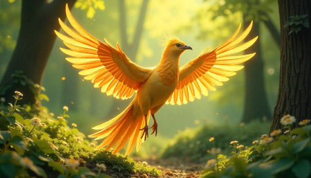 Golden bird soars through a sunlit forest clearing
