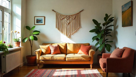 Cozy living room featuring vintage furniture and natural lightの写真素材