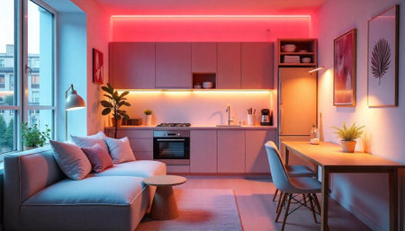 Stylish modern apartment interior illuminated with red and orange lightsの写真素材