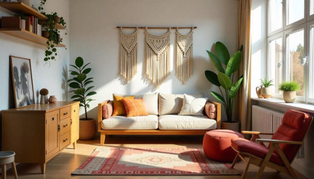 Bohemian styled living room with natural light and plants