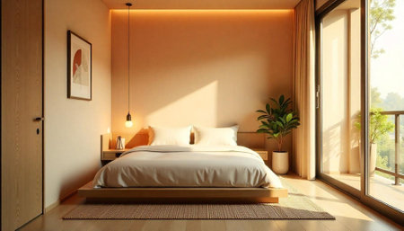 Elegant bedroom interior featuring minimalist design and warm lightingの写真素材