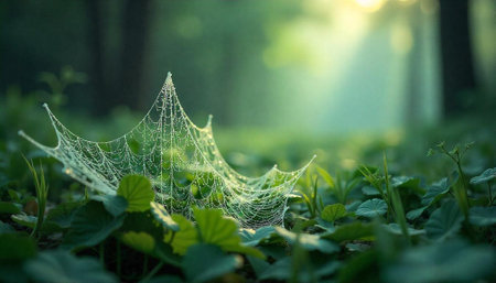 Dew-covered spiderweb in a green sunlit forest landscape
