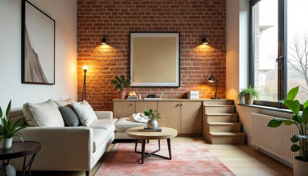 Cozy living room with exposed brick and modern decorの写真素材