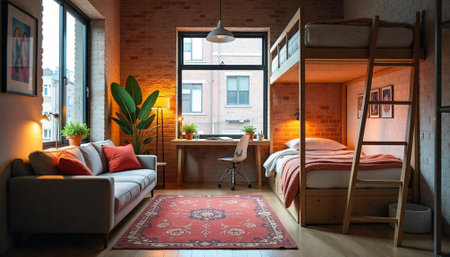 Cozy apartment with modern decor and brick wall elements