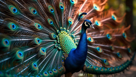 Elegant peacock displays vibrant iridescent plumage for mating seasonの写真素材