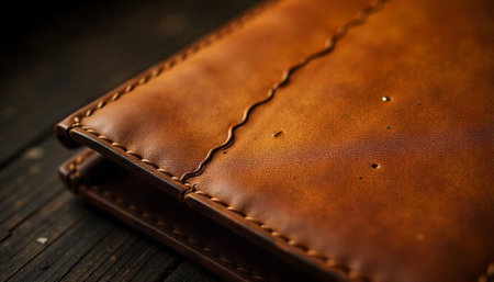 Close up leather wallet with detailed stitching pattern