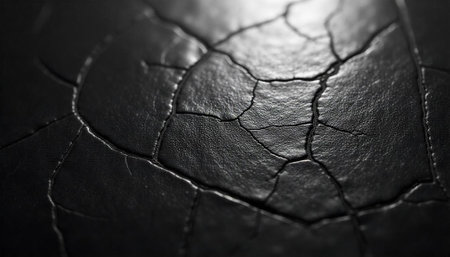 Close-up of worn black leather texture with cracksの写真素材