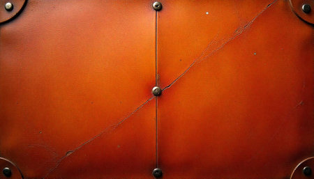 Vintage orange leather texture background with metal accentsの写真素材