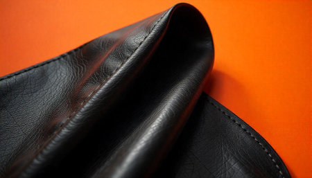 Elegant Black Leather Material on Vibrant Orange Background Still