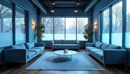 Stylish blue waiting room interior with comfortable seating arrangement
