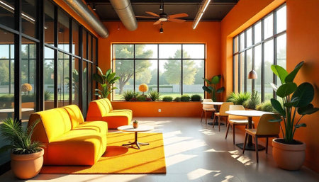 Bright contemporary office space with colorful modern furnitureの写真素材