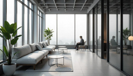 Modern office space featuring lounge area and person working