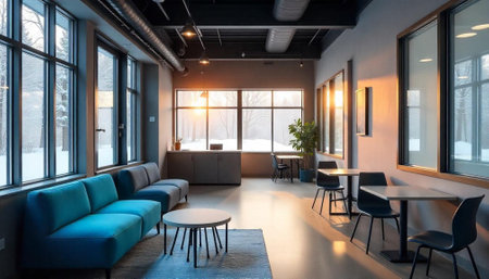Modern office lounge area with winter landscape viewの写真素材