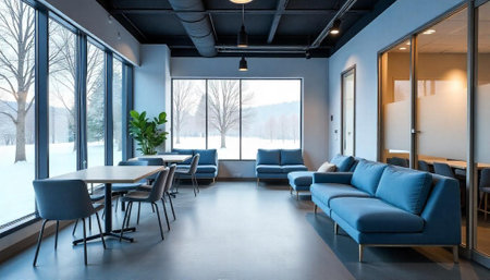 Modern office lounge area with winter landscape viewの写真素材