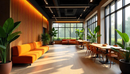 Bright modern office lounge with orange furniture and plants
