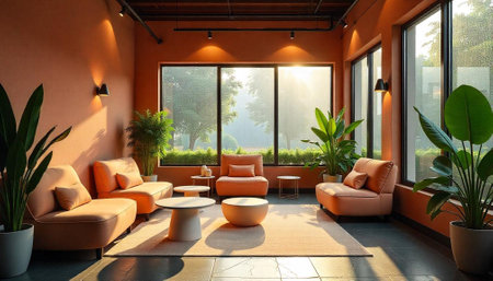 Modern Living Room with Natural Light and Warm Colorsの写真素材
