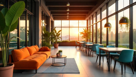 Modern office space with open layout and sunset viewの写真素材