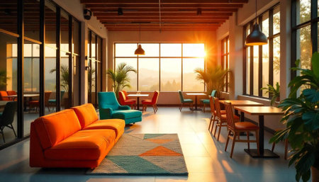 Bright sunlit open office space with vibrant furniture elementsの写真素材