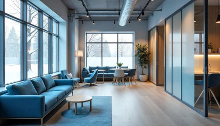 Bright modern office space with blue furniture and winter viewの写真素材