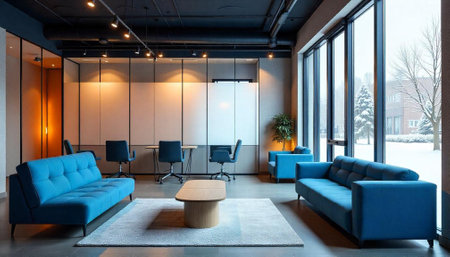 Bright modern office lounge with blue sofas and view