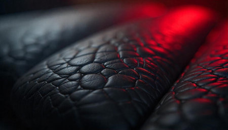 Detailed textured black leather with red light accent closeupの写真素材