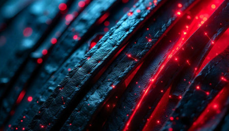 Abstract dark textured cables with red glowing lightsの写真素材