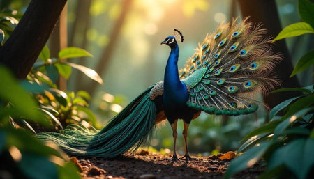 Peacock in a forest with sunlit bokeh backgroundの写真素材