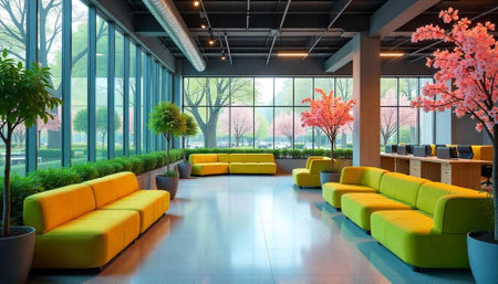 Bright lobby with lounge seating and outdoor viewsの写真素材