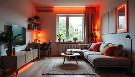 Modern living room bathed in warm red light glowの写真素材