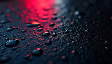 Dark Textured Surface Adorned with Water Droplets and Red Lightの写真素材