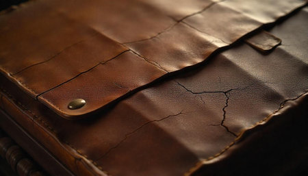 Close up of a well worn brown leather briefcaseの写真素材