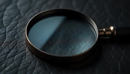 Magnifying glass reveals intricate pattern on dark leather surfaceの写真素材