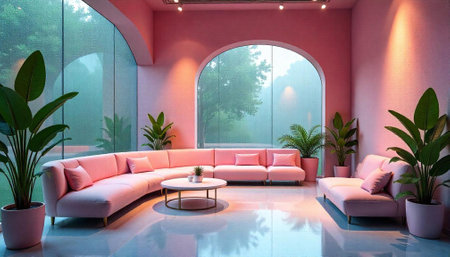 Interior design with pink walls and natural outdoor view