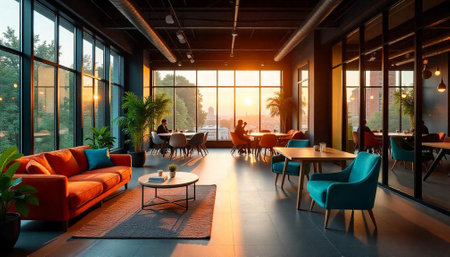 Stylish lounge area with cityscape view during golden hourの写真素材
