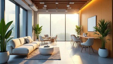 Bright open office space with modern furniture and plantsの写真素材