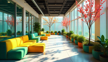 Modern interior with colorful seating and potted plantsの写真素材