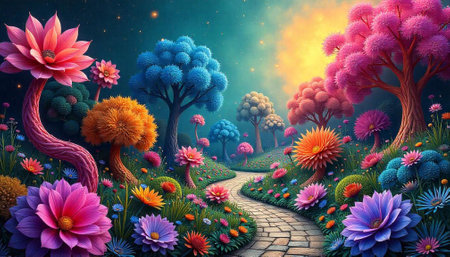 Fantasy garden landscape with colorful flowers and trees pathwayの写真素材