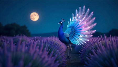 Peacock in lavender field under moonlight in dreamy illustrationの写真素材