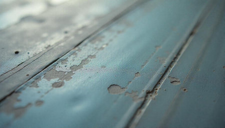 Weathered paint on aged planks displays texture and patternの写真素材