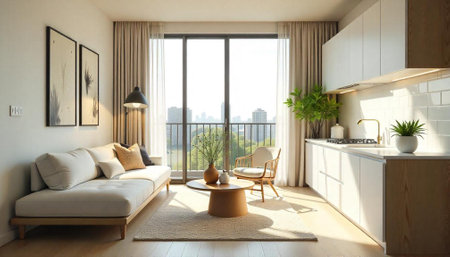 Sunlit modern apartment interior with city views and simple decorの写真素材