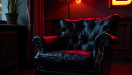 Luxury leather armchair bathed in red ambient lightingの写真素材